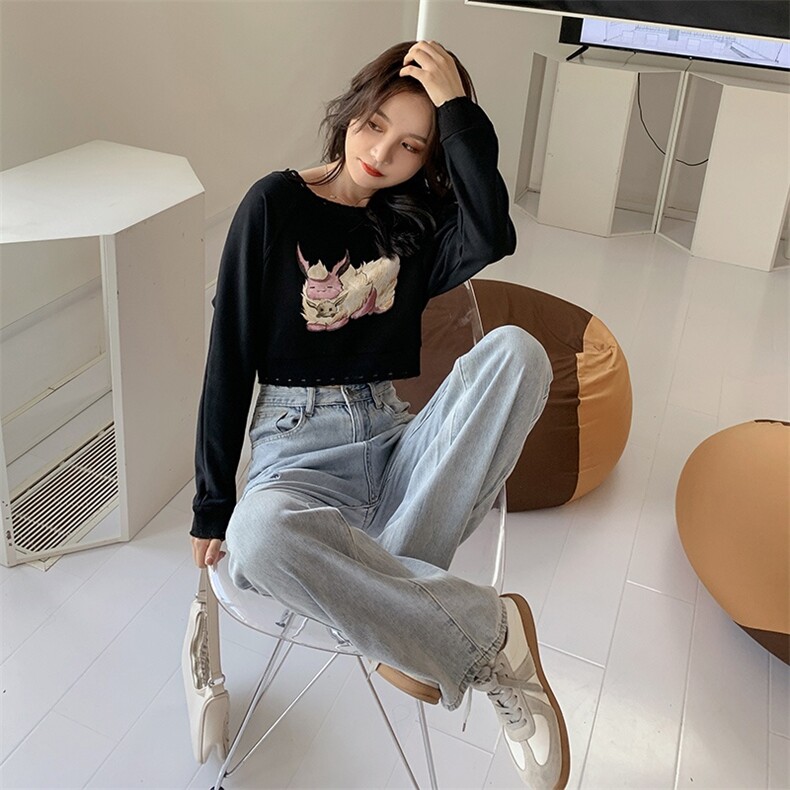 现货2021秋冬高腰女韩版宽松短款卫衣166-1059P65控118黑色,女装卫衣/绒衫,茜茜公主