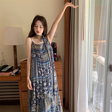 复古文艺风日系吊带连衣裙夏季2025新款民族风宽松小众印花A字裙，女装连衣裙，2C123