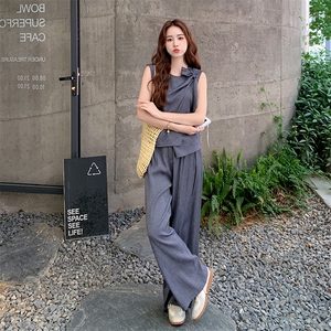 甜美灰色不规则背心阔腿裤套装女夏季2025新款今年流行爆款两件套图片