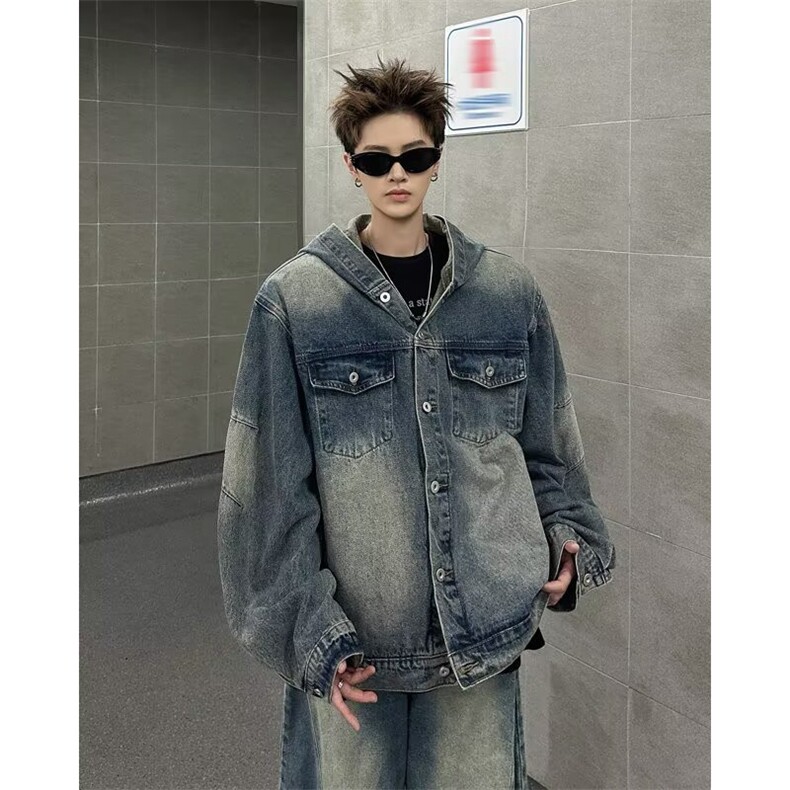 重工水洗做旧连帽牛仔外套男春秋季痞帅小众廓形宽松夹克8899P90,男装工装外套,星座410-2