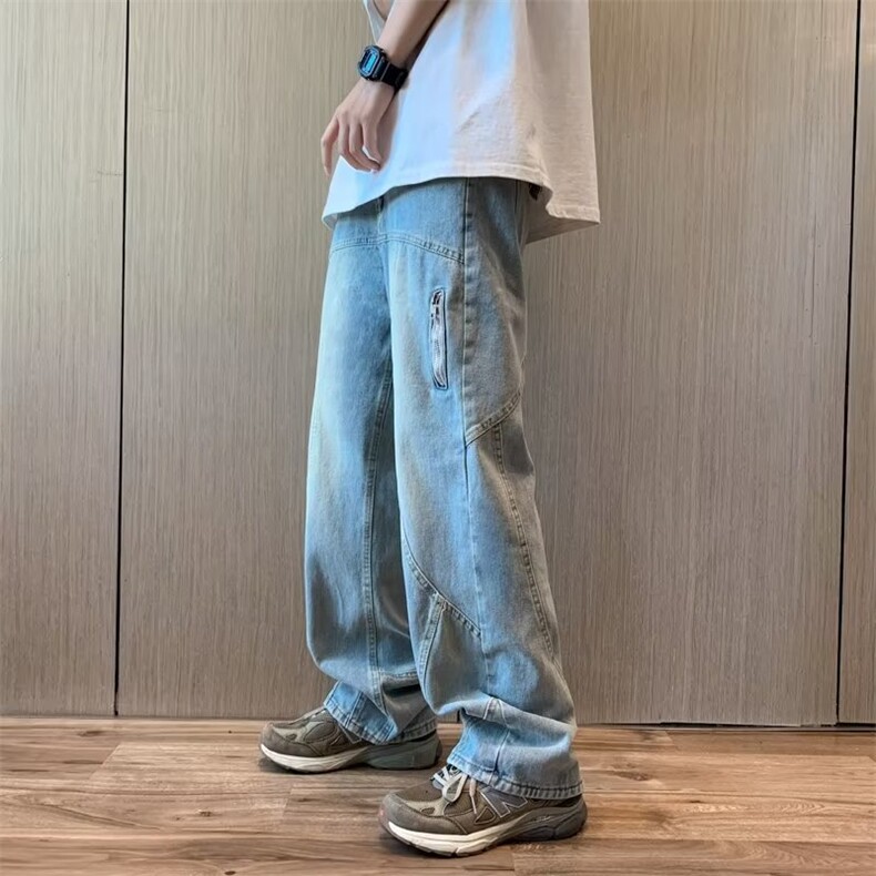美式高街复古水洗做旧裤子男女同款百搭宽松黄泥染直筒拼接长裤潮图片