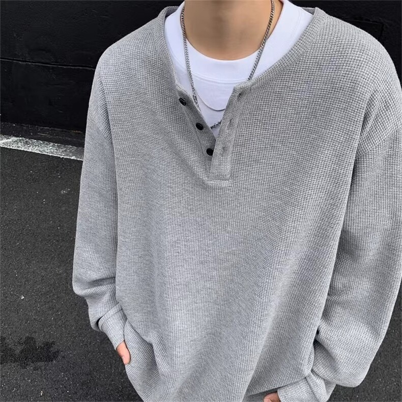 港风秋款长袖条纹T恤亨利领宽松T恤衫运动上衣大码M-8XLT604P35，男装T恤，星座1013-1