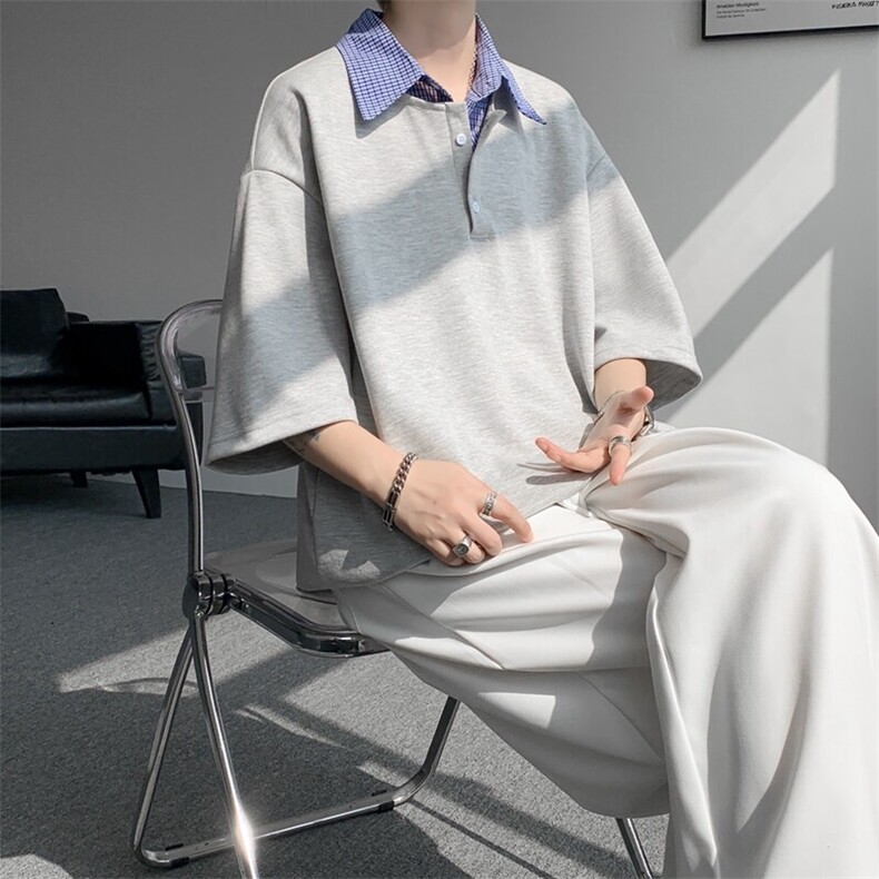 8XL-M格纹拼接假两件短袖t恤大码美式重磅polo翻领半袖DX1218/P48,男装T恤,电商B238