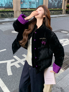 现货！（90新标带检）丝绒料新中式短款立领加厚保暖气质羽绒服女图片