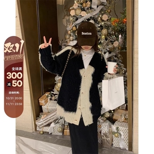 韩版时尚拼接V领针织毛衣女2025秋冬新款宽松加厚保暖中长款上衣图片