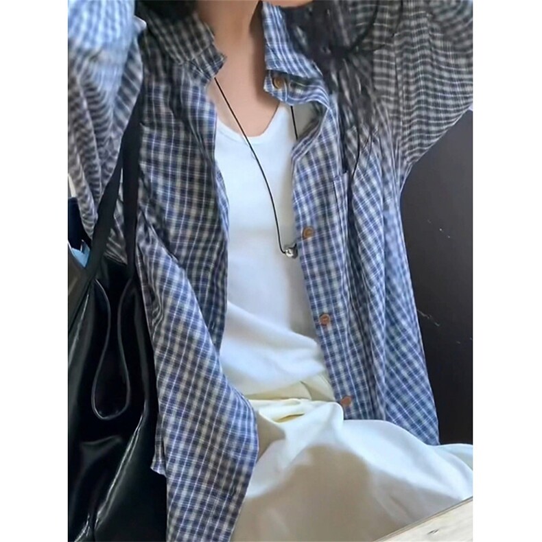 蓝色格子条纹长袖衬衫男女春秋衬衣小个子外搭法式复古外套C888,男装衬衫,星座1116A（原606A-3）