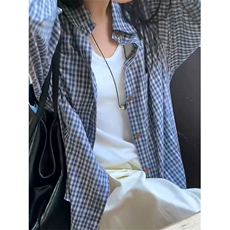 蓝色格子条纹长袖衬衫男女春秋衬衣小个子外搭法式复古外套C888，男装衬衫，星座1116A（原606A-3）