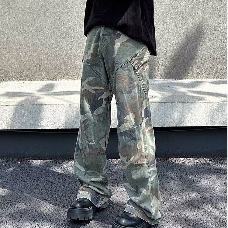 美式迷彩工装裤男修身直筒hiphop裤子男高街vibe微喇叭裤,男装休闲裤,星座410-7