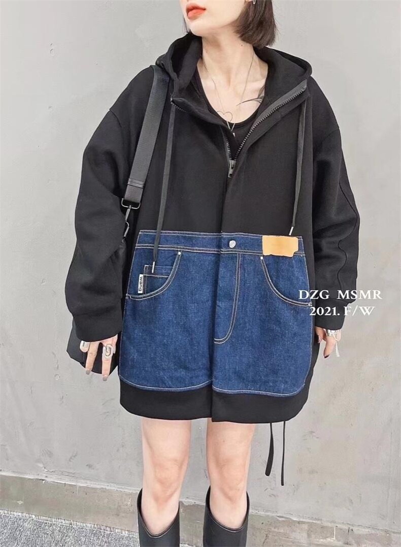 爱美欧现货牛仔口袋加绒卫衣外套，女装卫衣/绒衫，爱美欧