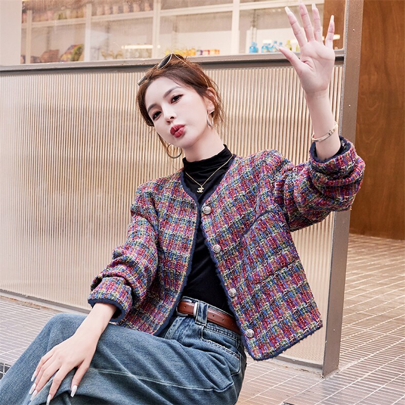 韩系复古格子小香风外套女2024年秋季新品百搭显瘦单排扣毛呢上衣,女装短外套,霓裳依族