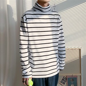 长袖T恤男士上衣潮流条纹秋冬季宽松高领衣服打底衫 T709-P35图片