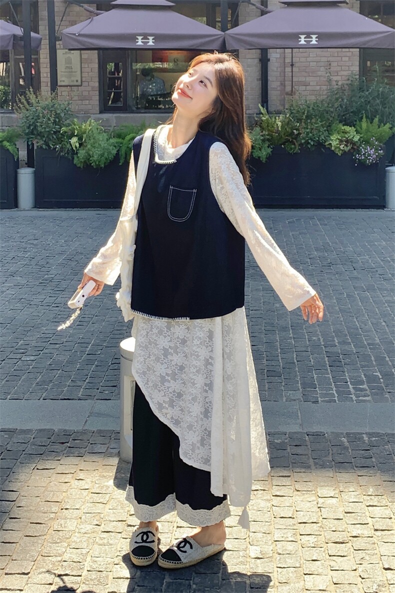 温柔不规则罩衫t恤裙牛仔马甲背心显瘦九分裤三件套女秋2025新款,女装套装/套裙,2C133