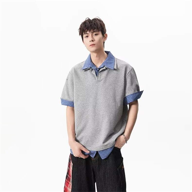 美式设计感格子拼接短袖POLO衫宽松休闲潮牌打底衫CS091，男装T恤，星座208-5