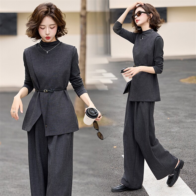 高级感灰色马甲阔腿裤三件套女2025春秋新款气质超好看搭配一整套,女装套装/套裙,流量+
