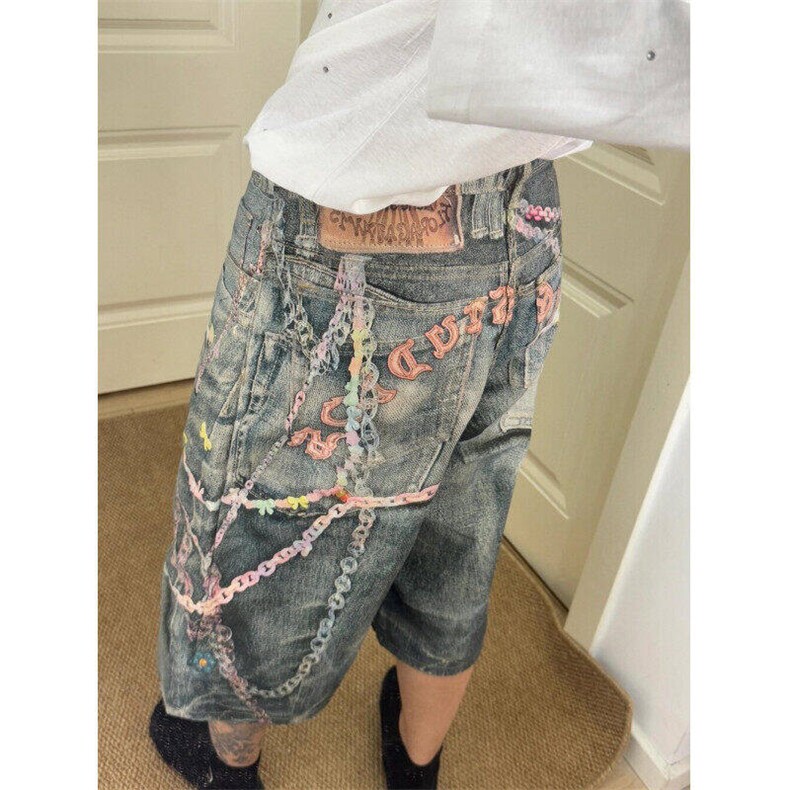 重磅涂鸦印花水洗七分牛仔裤男女夏季宽松新款直筒裤子WL8444-p56,男装牛仔裤,星座1008