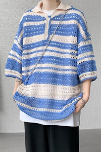 8XL-M 特大码美式复古条纹撞色针织POLO衫翻领休闲短袖TDX311P35图片