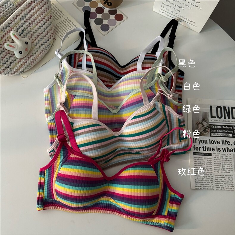 甜美拼色肌理感条纹文胸女无钢圈聚拢收副乳学生内衣，文胸，梦白服饰厂