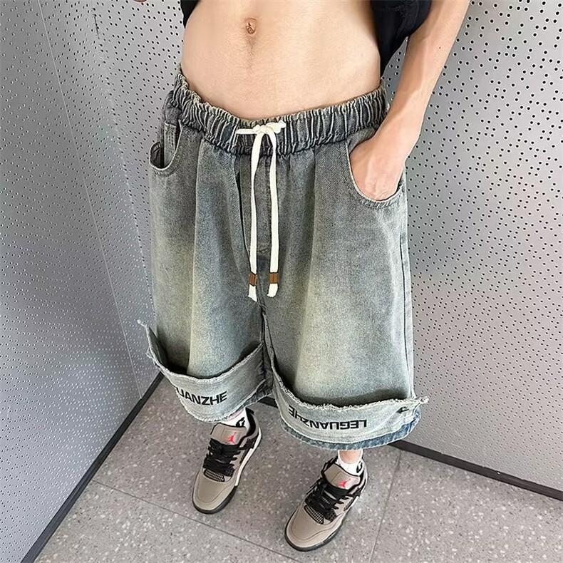 牛仔短裤男韩版潮流高街字母2026夏季新款ins宽松五分裤RK473-P39图片