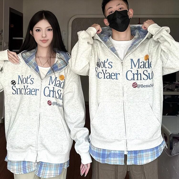 美式复古刺绣开衫连帽卫衣男女秋冬潮流情侣装休闲上衣假两件外套图片