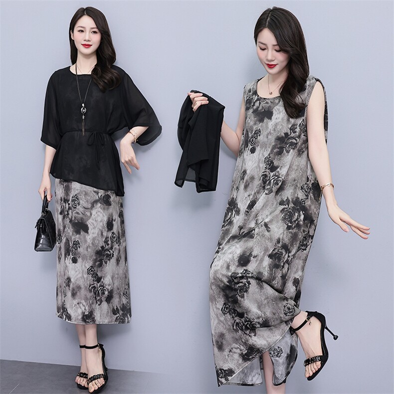 白领新真丝连衣裙女夏2025新款高级感太大码妈妈装印花裙，女装套装/套裙，香香