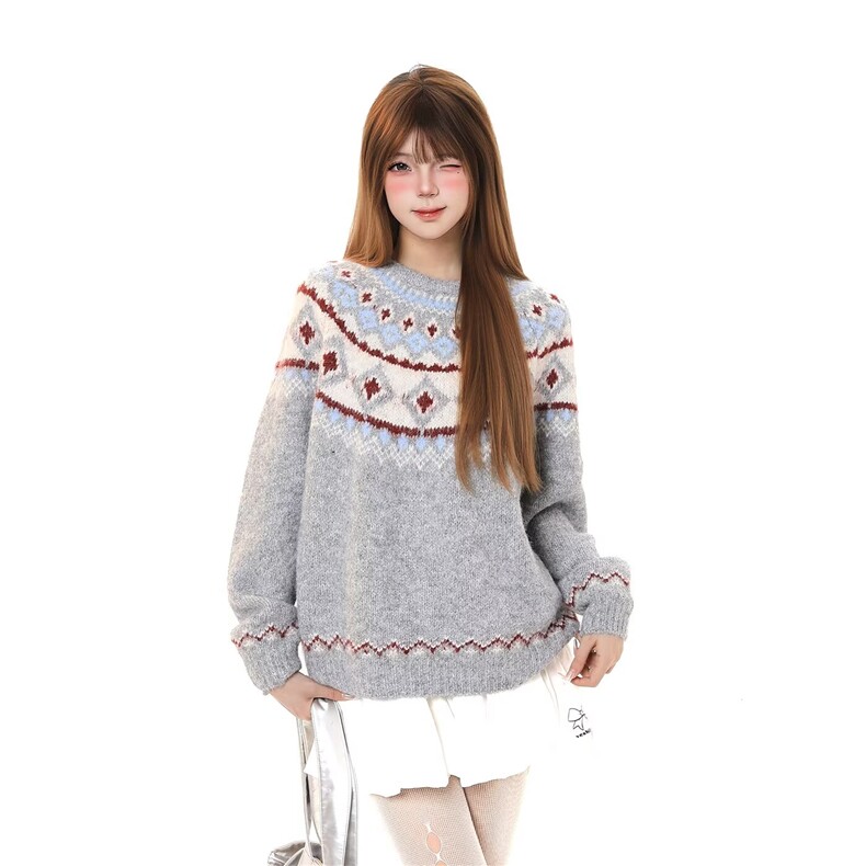 美式费尔岛复古提花毛衣女秋冬新款休闲针织保暖外套MY425 P50图片
