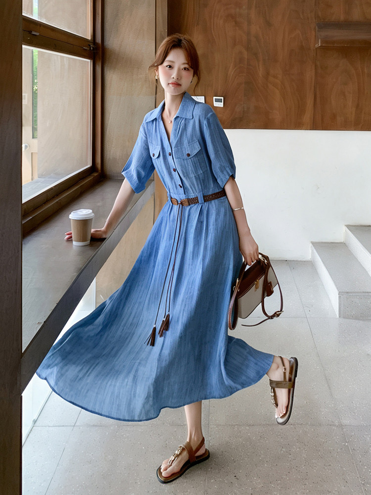 《档口现货26夏上新》气质通勤日常亚麻天丝连衣裙女送腰带,女装连衣裙,时尚风爆