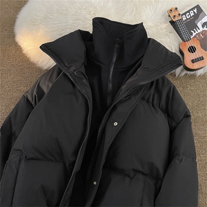F100-P115 冬季加厚面包服保暖黑色棉衣假两件立领短款棉服外套男图片