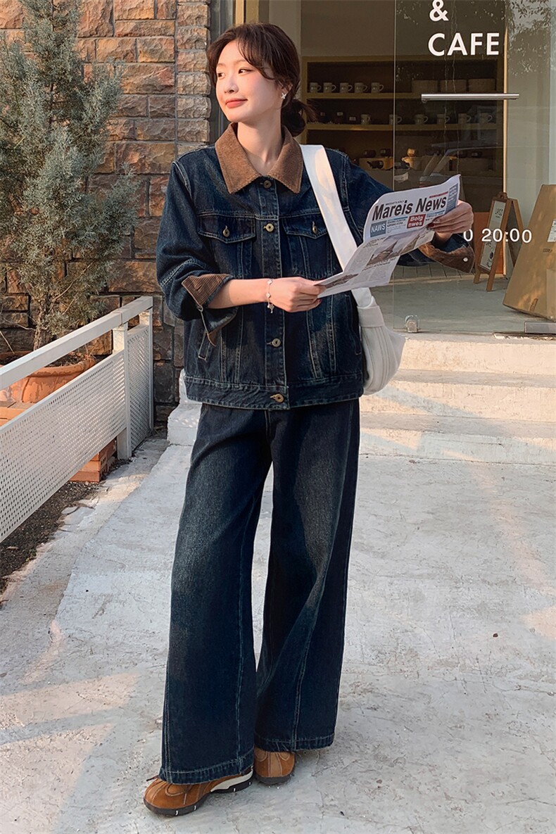 美式复古独特撞色拼接2025年春新款时尚牛仔外套阔腿裤,女装短外套,浙宝305