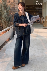 美式复古独特撞色拼接2025年春新款时尚牛仔外套阔腿裤，女装短外套，浙宝305