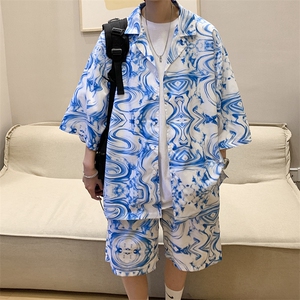 特P45控88-夏装冰丝短袖衬衫短裤休闲套装男生沙滩裤两件套XTZ226图片