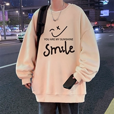 W387P35加绒45笑脸卫衣秋冬新款打底衫宽松套头圆领无帽上衣服t，男装T恤，星座304A-1