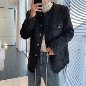高级感粗花呢圆领西装外套男设计感小众毛边加厚休闲西服冬季HN71图片