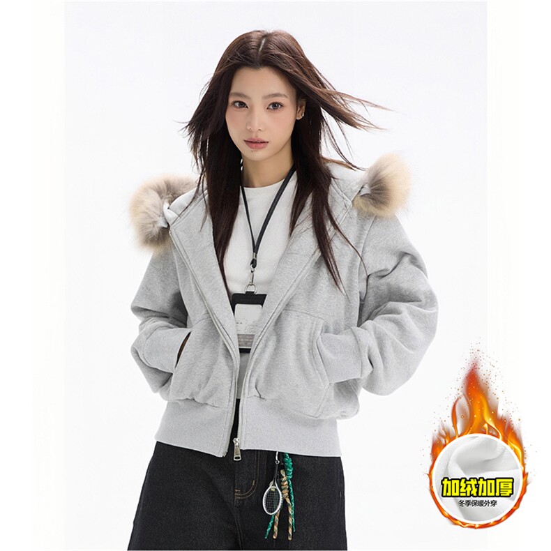 480G重磅加绒硬挺boxy秋冬美式高街超大毛领座山雕连帽卫衣厚外套，女装短外套，电商A486-1