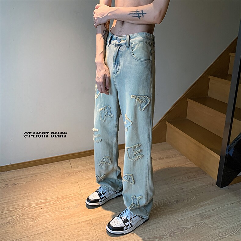 B221美式ins高街小众立体毛边字母直筒牛仔裤LK23025-P60控78,男装牛仔裤,电商B221