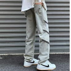 美式高街拉链牛仔裤男高级感宽松设计感拼接裤子长裤C10-2/P52，男装牛仔裤，星座506