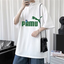 LD54227-P45连帽短袖t恤男大码胖子带帽五分袖中袖，男装T恤，电商A040