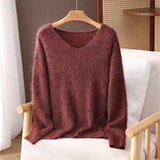 2025年秋季时尚百搭通勤简约休闲一线成衣花纱拉绒V领，女装羊绒衫，昭美纯山羊绒