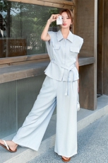 浅蓝色轻熟风廓形马甲阔腿裤套装女2025夏季新款韩系高级感两件套，女装套装/套裙，2C317A
