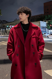 外景秋冬新年酒红宽松中长款毛呢大衣男厚款风衣外套MN9538/P100图片