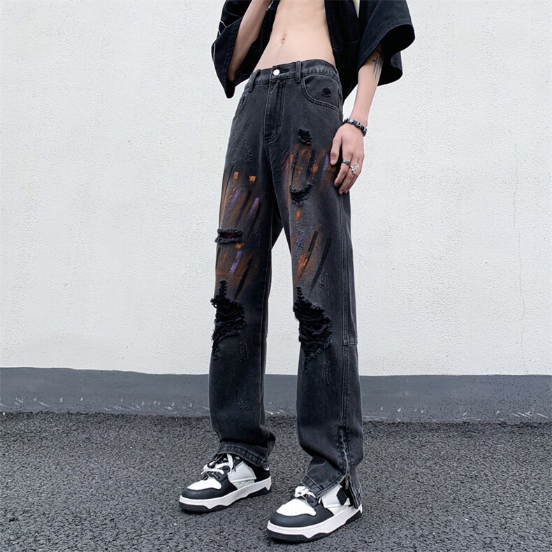 B221 美式ins高街暗黑小众拉链喷墨破洞牛仔裤 LK23085-P65 控88图片