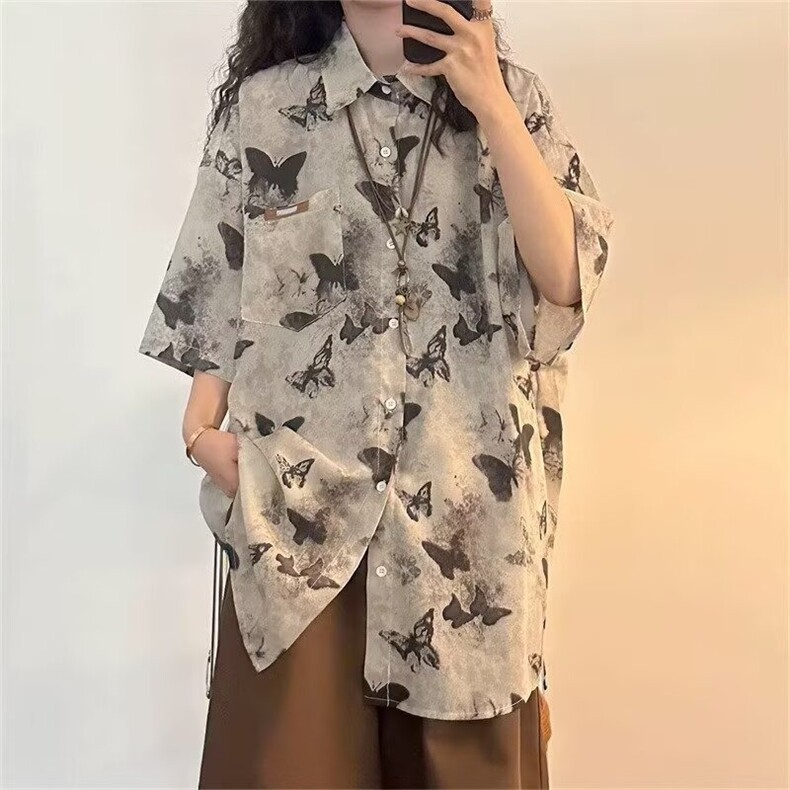 美式复古满印蝴蝶短袖衬衫男女宽松休闲设计感夏季半袖CSK5244图片