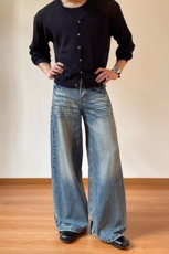 美式覆古水洗猫须牛仔裤男女宽松休闲??直筒百搭cleanfi丁字裤子，男装牛仔裤，星座218-8