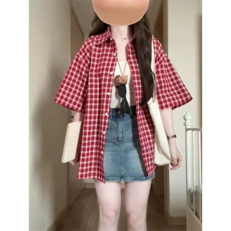 慵懒风红色格子夏日轻薄短袖衬衫女夏季2025新款复古休闲宽松衬衫,男装衬衫,星座1210-1