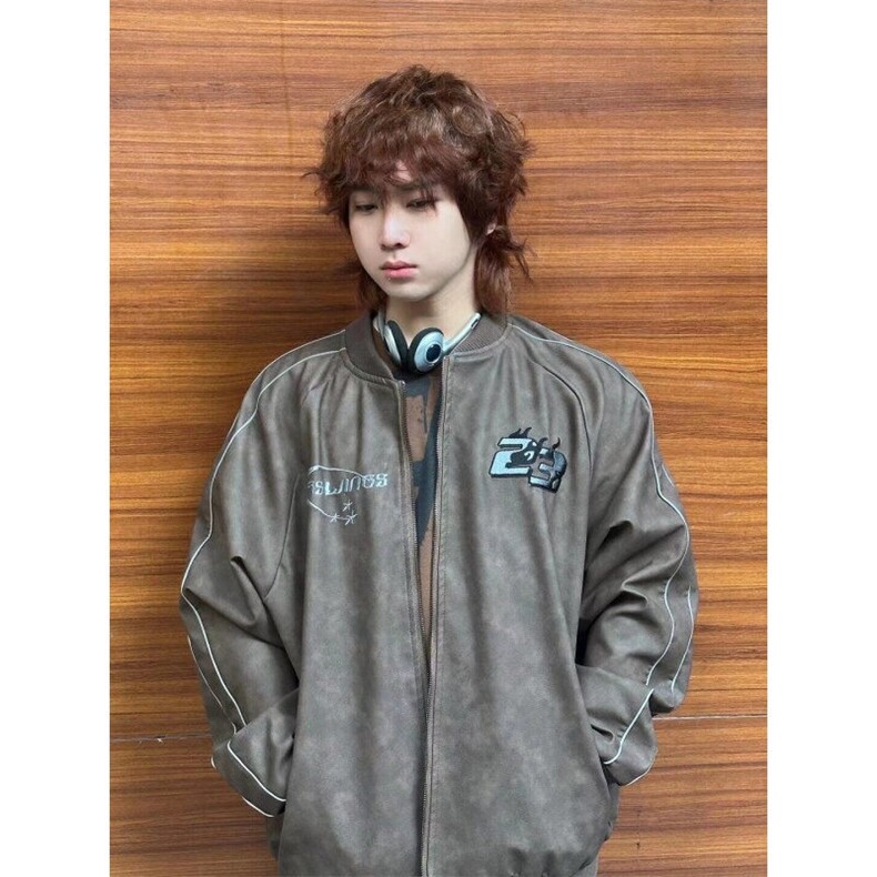 P55刺绣皮衣Q6#棕色高级灰M-3XL,男装皮衣,星座506A