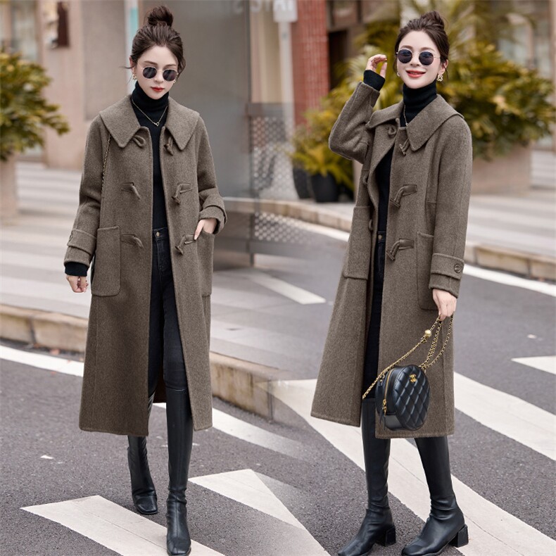 大翻领双面羊绒大衣女2024秋冬季新款高级感中长款牛角扣毛呢外套，女装双面呢大衣，牡丹诺