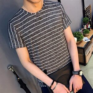 2021年 潮 青春流行 夏季 短袖 休闲 修身型 免烫处理 青年 条纹 T恤 圆领图片