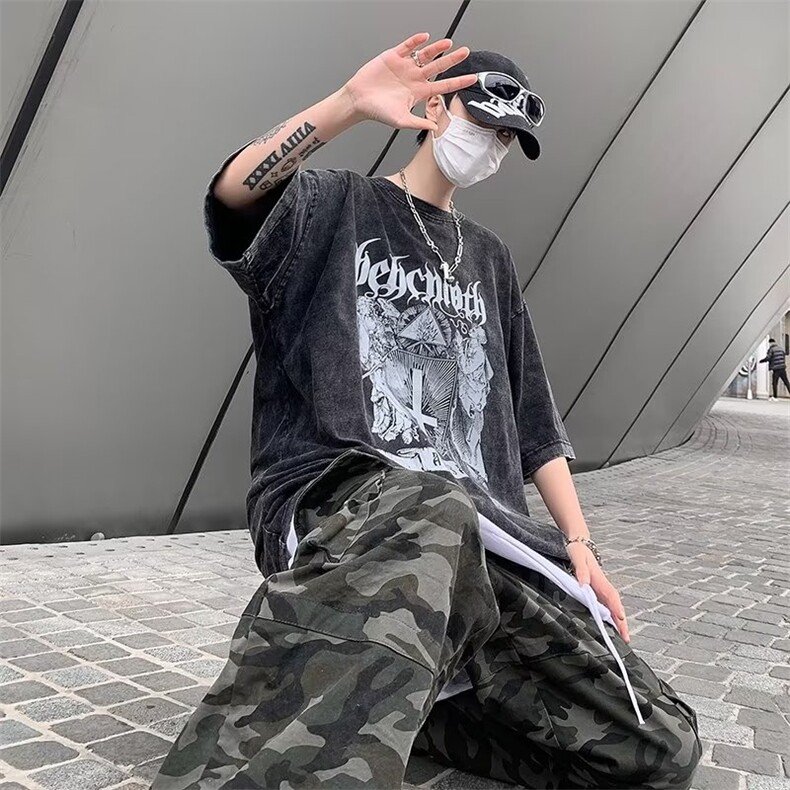 水洗做旧短袖T恤男宽松情侣高街ins痞帅男潮牌半袖上衣DT3170-P33,男装T恤,星座1008-2