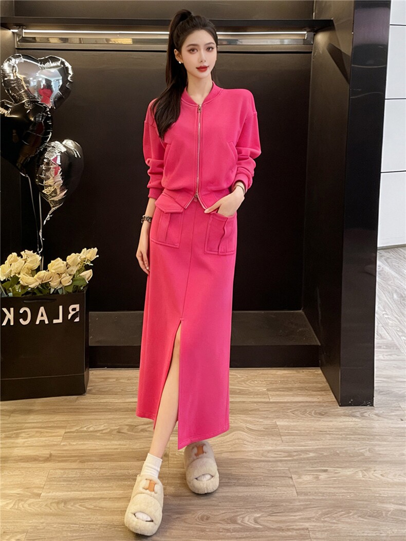 高级感时尚运动套装女秋季新款拉链开衫卫衣前开叉半身裙两件套潮,女装套装/套裙,江南