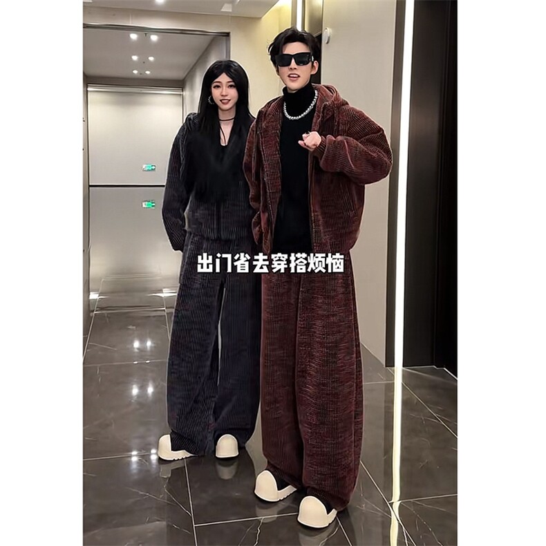 抖音加绒加厚针织连帽卫衣阔腿裤套装上衣P128裤子P95(网图,男装休闲套装,电商B267