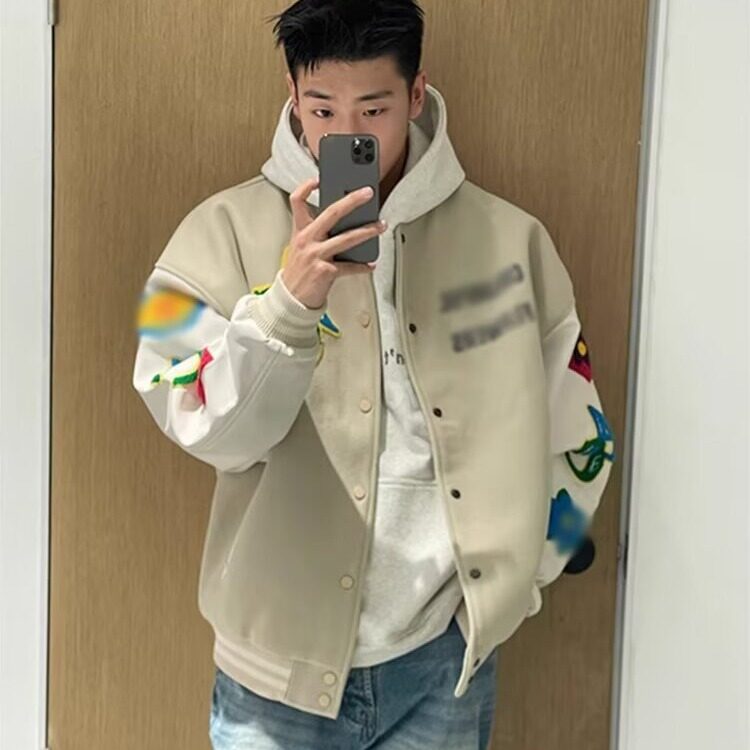 美式复古毛巾绣拼色棒球服男女款秋季潮牌宽松情侣百搭夹克外套图片